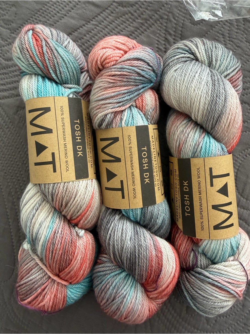 Madeline Tosh DK Yarn - Coral, Teal & Gray Twist 3